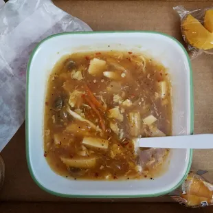 Hot and sour soup (I poured half of the container into a bowl.)