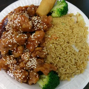 Sesame chicken with a Spring Roll