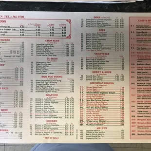 the menu for the restaurant