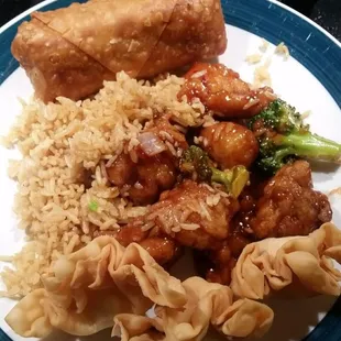 Cheese filled wontons, a portion of the General Tso's combination platter
