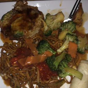 Shrimp lo mein, egg foo young, shrimp roll and shrimp w/broccoli.