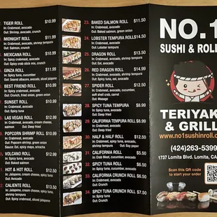 Menu included with my pick up, June 2022.