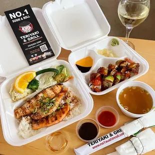 Salmon Teriyaki Plate and Red Dragon Roll