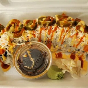 Dynamite Roll to go. Large and packed with spicy goodness!