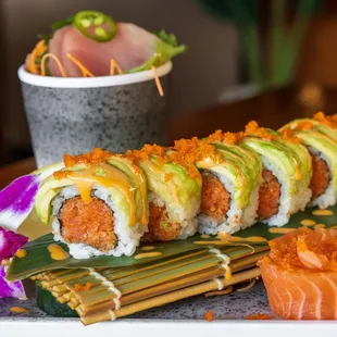 Godzilla Roll, Norwegian Salmon, &amp; Yellowtail Jalapeño Sashimi.