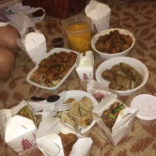 Egg Drop Soup, General Tso&apos;s Chicken, Orange Chicken, Sweet and Sour Pork, broccoli&amp;beef, 8 Dumplings(beef and chicken), vegetable noodles