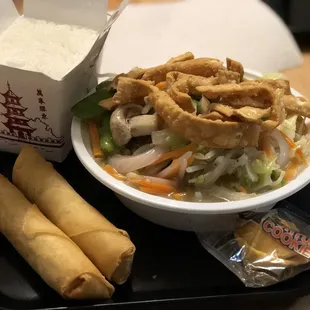 My takeout meal for tonight... veggie chow mein with rice and two spring rolls!