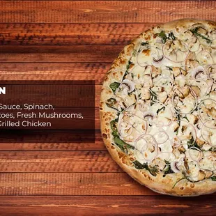 a pizza on a wooden table