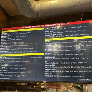 a menu on the wall