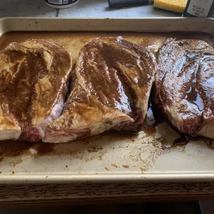 You can see the pools of marinade on these expensive steaks that were over trimmed for profit.