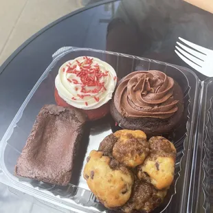 Red velvet cake, chocolate cake, monkey bread, and brownie (clockwise from top left)