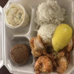 Garlic Shrimp with lemon, Rice, Mac salad, Banana bread and bottled water for $10.