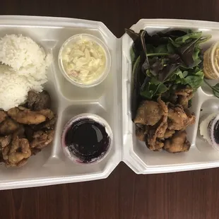 Korean Chicken w/Rice, MacSalad &amp; a Blueberry Cheesecake Cup -or- for a healthier option: Mixed Greens w/Honey Ginger Dressing