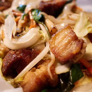 Crispy pork belly drunken noodles