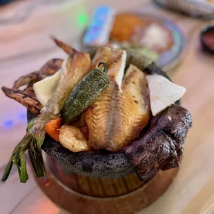 a wooden table with food on it