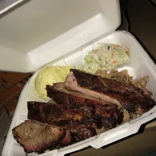 Brisket and Ribs with Potato Salad and Coleslaw. Yummy!