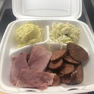 Ordered my food to go it was AMAZING!! Ham &amp; Link potato salad and coleslaw! Everyone is so friendly love this place y&apos;all have to stop by.