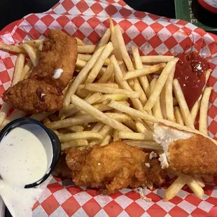 Chicken fingers that were so overdone one couldn't chew the chicken.