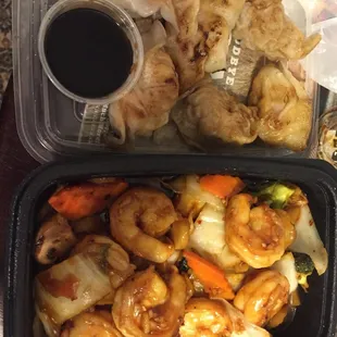 Huge garlic shrimp and yummy fried dumplings.