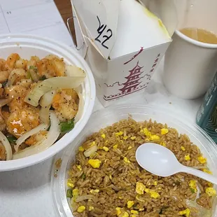 Crispy pepper shrimp. Scrambled egg fried rice.