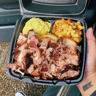 Rib-Tip Plate with mac n cheese and potato salad.