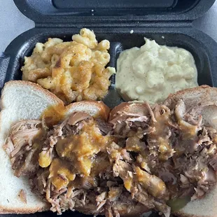 Pulled pork, mac and cheese, potato salad