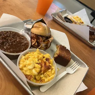 Chicken sandwich, baked beans and baked Mac and cheese and the delicious corn bread!