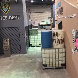 Laser tag field full of props.