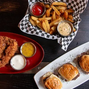 Pretzel-crusted Chicken Tenders, Fries, Steak Sliders