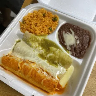 So good we had to order something to go! Enchilada Trio with refried beans and rice