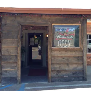 the entrance to a restaurant