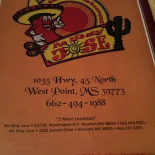 Cover of their menu. They've got pictures of the full (and pretty long) menu on their Facebook page- 'No Way Jose West Point.'