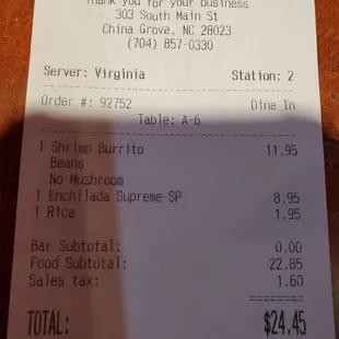 the receipt for the restaurant