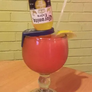 Strawberry Margarona....margarita with a corona turned updide down