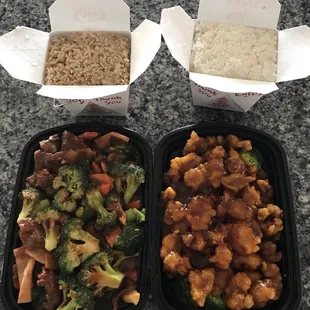 Beef with broccoli and General Tso&apos;s chicken with fried rice and white rice.