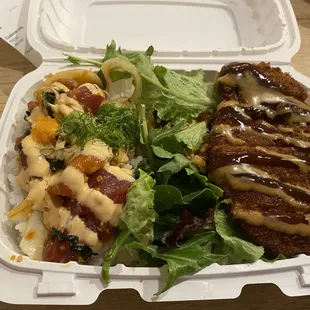 Spicy garlic poke and Tonkatsu