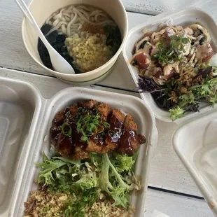 crispy spicy ahi and miso tonkotsu, curry udon, and spicy miso poke