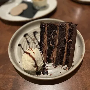 a slice of chocolate cake and ice cream