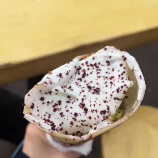 Chicken Wrap is amazing! I appreciate the extra bit of labneh and dusting of sumac on top!