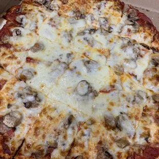 Thin crust with sausage, pepperoni and fresh mushrooms...so good!