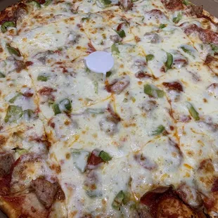 Tuesday Special 18 inch pizza, 3 toppings $19.99 (sausage, pepperoni and green peppers)
