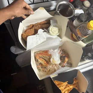 Two piece fried fish, blue crab, fries (not Cajun)