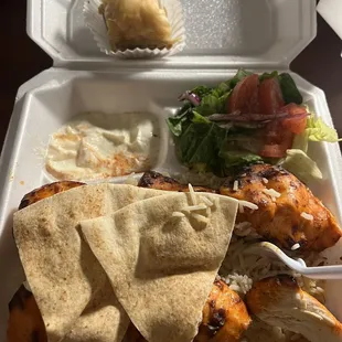 Chicken skewer plate and baklava