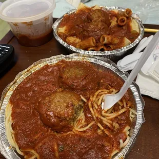 To go pasta and meatballs, EXTRA MEATBALLS (I'd take a boat full if possible...can taste parm/garlic in every bite!)