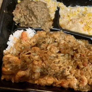 Crawfish etouffe, cornbread dressing, corn maque choux