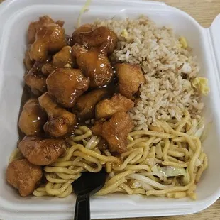 Orange chicken with chow mein and fried rice