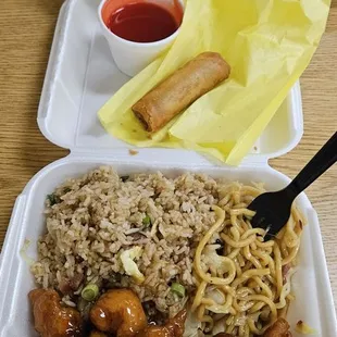 Orange chicken with pork chow mein and pork fried rice