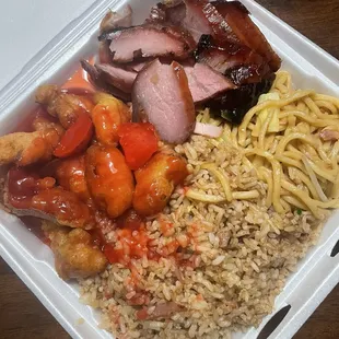 #20 combo plate. Sweet &amp; sour chicken, bbq pork, fried rice and chow mein.