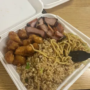 #27 combo- orange chicken, bbq pork, fried rice and chow mein