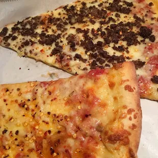 A slice of cheese and a slice of ground beef, their food is delicious